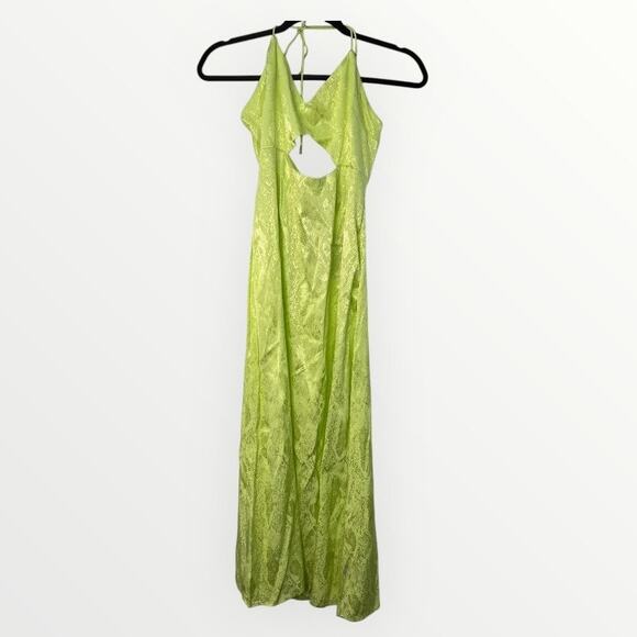 AFRM Radish Dress in Lime Green Snake Jacquard Midi Halter Front Cutout Slip NWT - Picture 3 of 13